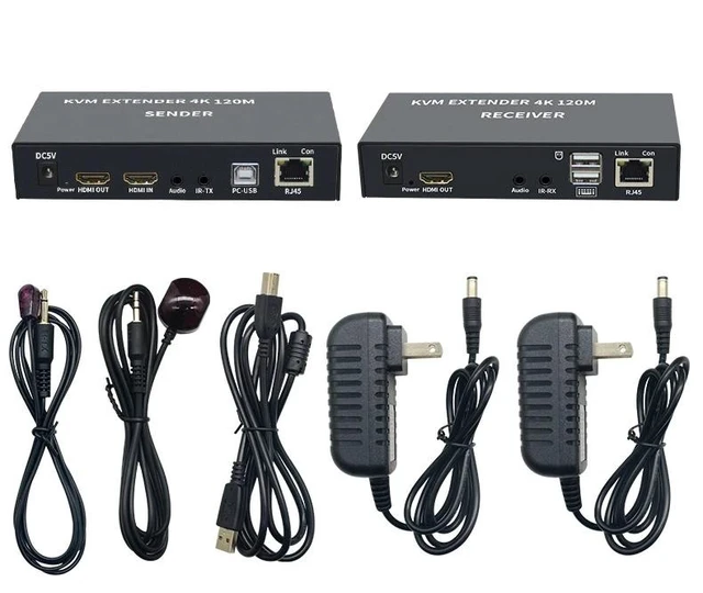 Alt view image 8 of 12 - 4K HDMI KVM Extender Over cat5e/6 ethernet cable 120M HDMI USB Extender Video Audio Transmitter Receiver Support Keyboard Mouse(With US Plug)