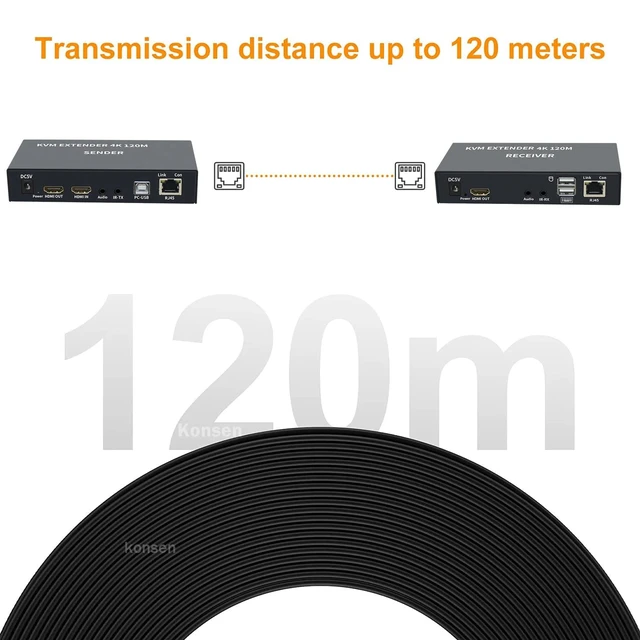 Alt view image 10 of 12 - 4K HDMI KVM Extender Over cat5e/6 ethernet cable 120M HDMI USB Extender Video Audio Transmitter Receiver Support Keyboard Mouse(With US Plug)