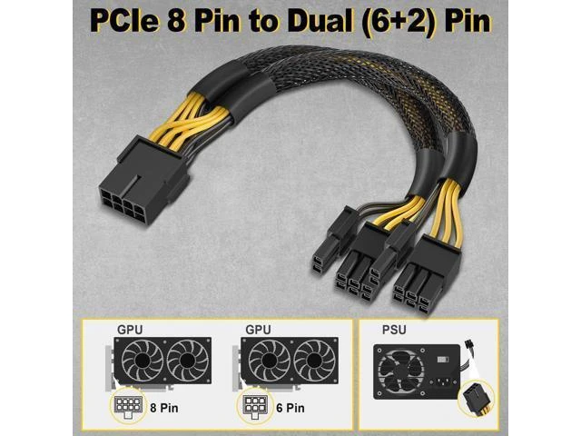 Alt view image 11 of 14 - 2-Pack PCIe 8 Pin to Dual 8 Pin (6+2) Power Adapter Cable, 9 Inches, with Heat-Shrink Tubing, PSU Cables for GPU, Female to Male PCIe 8 Pin Cable