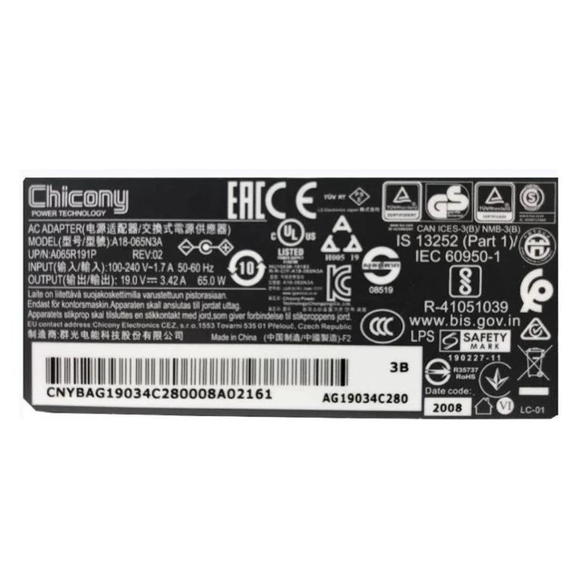 Alt view image 4 of 4 - 19V 3.42A 65W 4.0x1.7mm Chicony A18-065N3A A065R191P AC Adapter For Laptop Charger Power Supply