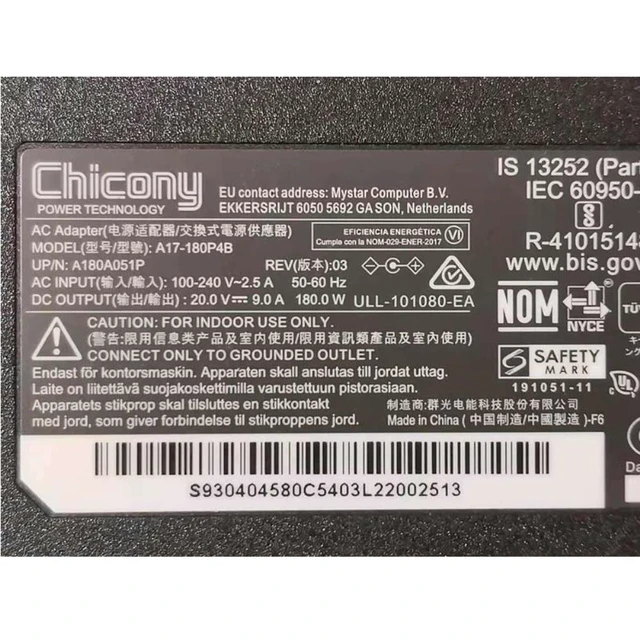 Alt view image 4 of 4 - 20V 9A 180W CHICONY A17-180P4B A180A051P AC Adapter For MSI GF65 THIN 10UE WS66 WS75 Gaming Laptop Power Supply Charger