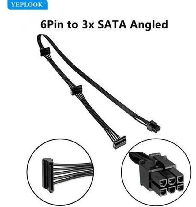 Alt view image 8 of 12 - ForCorsair HX Power, 6Pin to 3x SATA Angled, HDD SSD Power Cable for HX1050 HX850 HX750 HX650 Modular Powers, 18AWG 50+15+15 CM