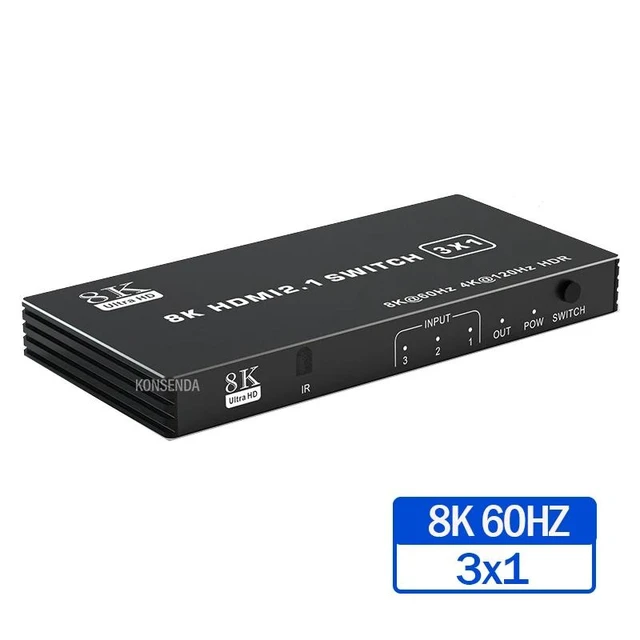 Alt view image 7 of 12 - 8K HDMI Switch 3x1 4x1 5x1 4K 120Hz HDMI 2.1 Switch 5 in 1 out Selector Box Support 48Gbps HDR10 HDCP2.3 for PC Xbox PS5 Monitor(8K 3X1)
