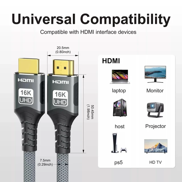 Alt view image 12 of 12 - 16K HDMI 2.2 Cable 16K@30Hz / 60Hz High-Speed HDMI Cord, Universal Compatibility with HDMI Interface Devices, Screen Mirroring Support, Gold-Plated Connectors, for TV, Monitor, Projector, PS5, Xbox