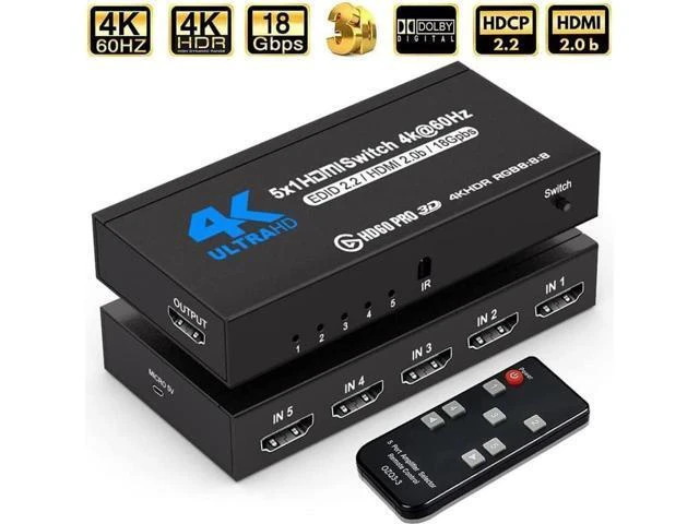 Alt view image 8 of 14 - HDMI Switch 4k@60HZ HDMI Splitter 5 in 1 Out HDMI Switcher Selector with IR Remote Control, HDMI 5 Port Box Hub Support 3D HDCP2.2 for PS4/Xbox One/Fire TV/Apple TV/Sky Box/STB/DVD/Roku, OZQ3-4
