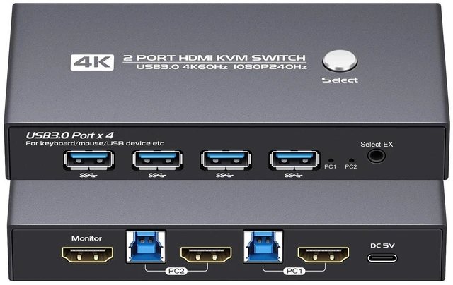 Alt view image 6 of 10 - HDMI KVM Switch 2 Port Box,1 Monitors 2 Computers edid Emulator,USB 3.0,4k 60hz KVM Switches for 2 Computers Share Keyboard Mouse Printer and one HD Monitor,Support EDID Copy,2K144.