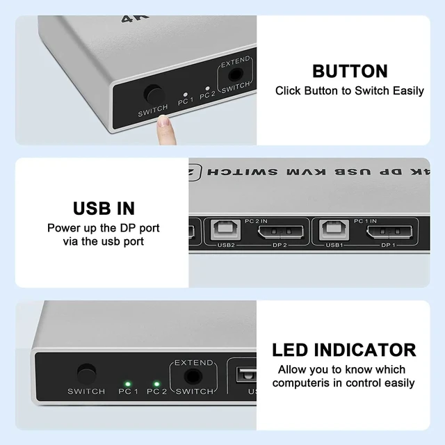 Alt view image 9 of 11 - 8K 60Hz Displayport KVM Switch 2x1 DP USB KVM Switcher 2 in 1 out 4K 60Hz DP Switcher 2 PC Share Keyboard Mouse Printer Monitor(4K)