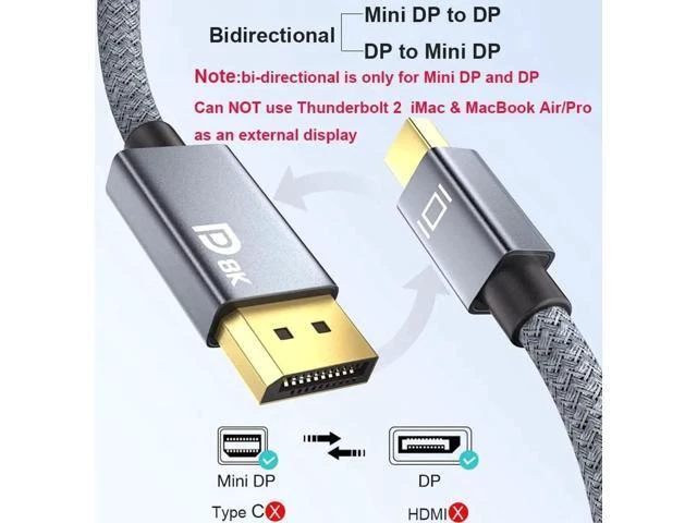 Alt view image 9 of 14 - 8K Mini DisplayPort to Displayport 1.4 Cable 6.6Ft Thunderbolt to DP Cable 8K@60Hz 4K@144Hz Thunderbolt 2(Video Output) Compatible with MacBook iMac Mac Mini to DP Monitor