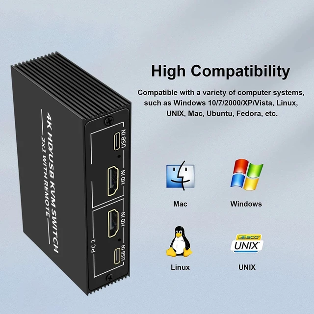 Alt view image 12 of 12 - 2 Port HDMI KVM Switch 2 in 1 out 4K 30Hz HDMI USB Switcher 2x1 KVM Switch for 2 PC Sharing Keyboard Mouse Monitor for PC Loptop