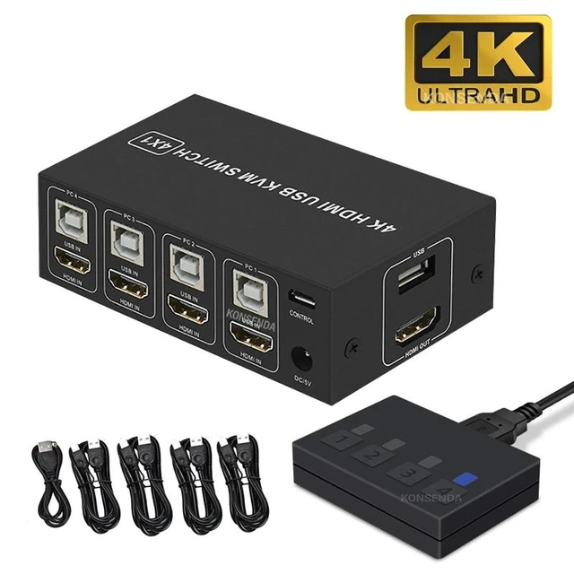 Alt view image 7 of 12 - 4K HDMI KVM Switch 4 in 1 out 4K 60Hz HDMI USB KVM Switcher 4x1 for 4 PC Share Monitor Mouse Keyboard with Desktop Controller