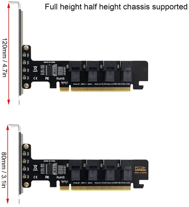 Alt view image 10 of 10 - U.2 PCIE Expansion Card, PCIE to U.2 Adapter Card, PCIE X16 to 4 Port U.2 NVME SFF-8643/8639 Expansion Cards with LED Indicator PCIE 4.0 Card PH49-4P