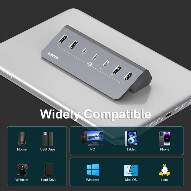 Alt view image 10 of 14 - FIDECO Powered USB Hub, 7 Port 10Gbps Fast Data Hub for iPhone 16/15 and Laptop, Full Aluminum USB Splitter with 5V 3A Power Adapter, 4 USB A and 3 USB C Ports, Support BC1.2 Charging, Grey