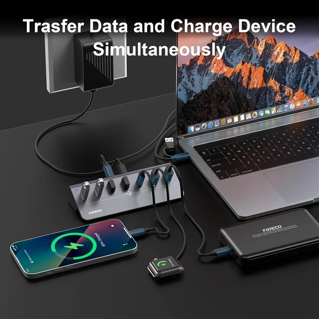 Alt view image 11 of 14 - FIDECO Powered USB Hub, 7 Port 10Gbps Fast Data Hub for iPhone 16/15 and Laptop, Full Aluminum USB Splitter with 5V 3A Power Adapter, 4 USB A and 3 USB C Ports, Support BC1.2 Charging, Grey
