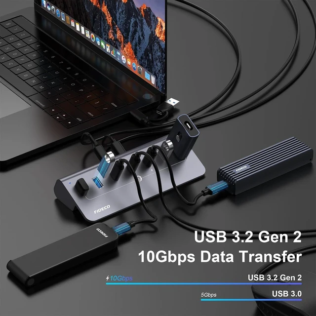 Alt view image 12 of 14 - FIDECO Powered USB Hub, 7 Port 10Gbps Fast Data Hub for iPhone 16/15 and Laptop, Full Aluminum USB Splitter with 5V 3A Power Adapter, 4 USB A and 3 USB C Ports, Support BC1.2 Charging, Grey