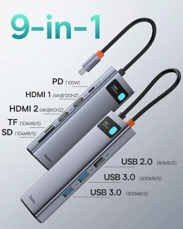 Alt view image 7 of 10 - Baseus Laptop Docking Station Dual Monitor 4K@120Hz, 9 in 1 USB C Hub with 2 HDMI, 1000Mbps LAN, 100W PD, 3 USB, SD Card Reader, USB C Dock Compatible with iPhone 15/Mac/Dell/HP/Surface/Steam Deck