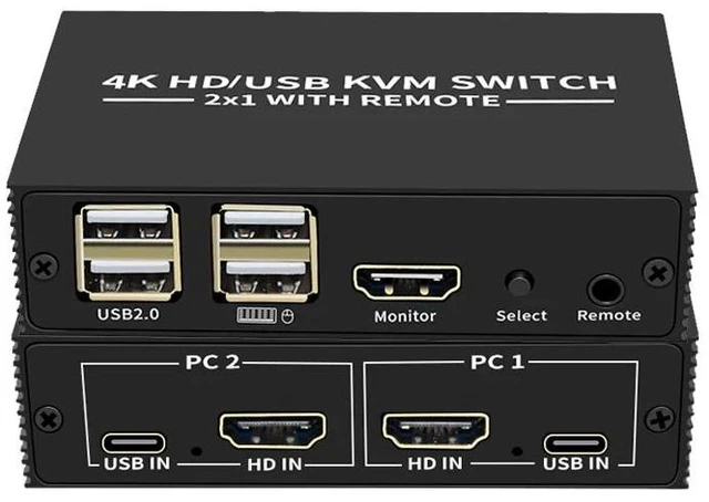 Alt view image 8 of 12 - 2 Port HDMI KVM Switch 2 in 1 out 4K 30Hz HDMI USB Switcher 2x1 KVM Switch for 2 PC Sharing Keyboard Mouse Monitor for PC Loptop