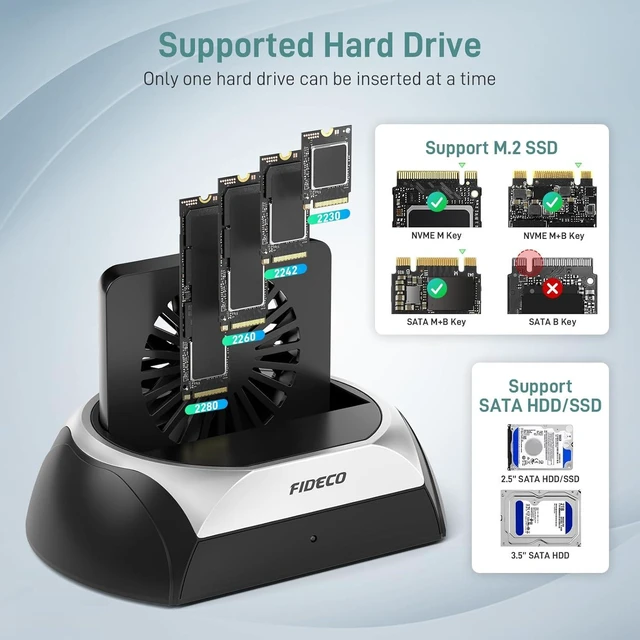 Alt view image 13 of 14 - FIDECO Hard Drive Docking Station, M.2 NVMe SSD Docking Station with Cooling Fan, Support 2.5 and 3.5 inch SATA HDD and M.2 NVMe SATA SSD, Ultimate Heat Dissipation
