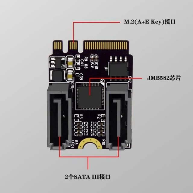 Alt view image 8 of 8 - Riser Card M.2 (A+E Key) to 2-Port SATA3.0 Expansion Card Key A+E Wifi M.2 to SATA Adapter Card Drive JMB582