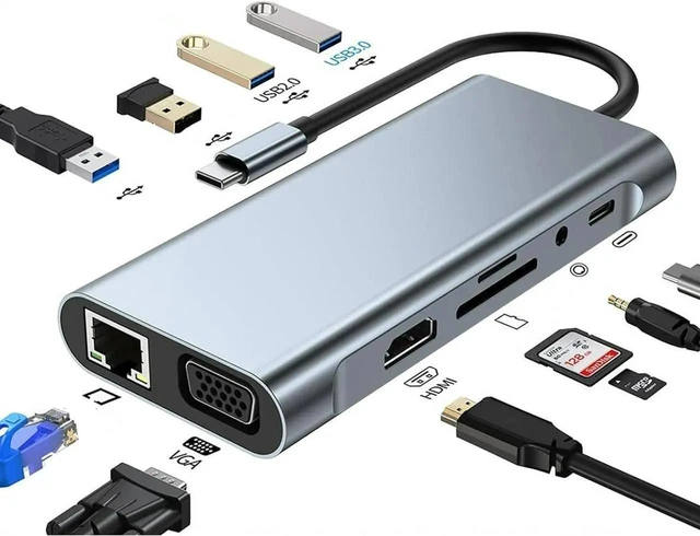 Alt view image 8 of 14 - USB Splitter HUB, 11 in 1 Multiport USB C Adapter with 4K HDMI, VGA, RJ45, USB 3.0, 3*USB 2.0 Ports, 100W USB-C PD, 3.5mm Ports, Compatible for MacBook, Pad Pro, Laptop and More Devices