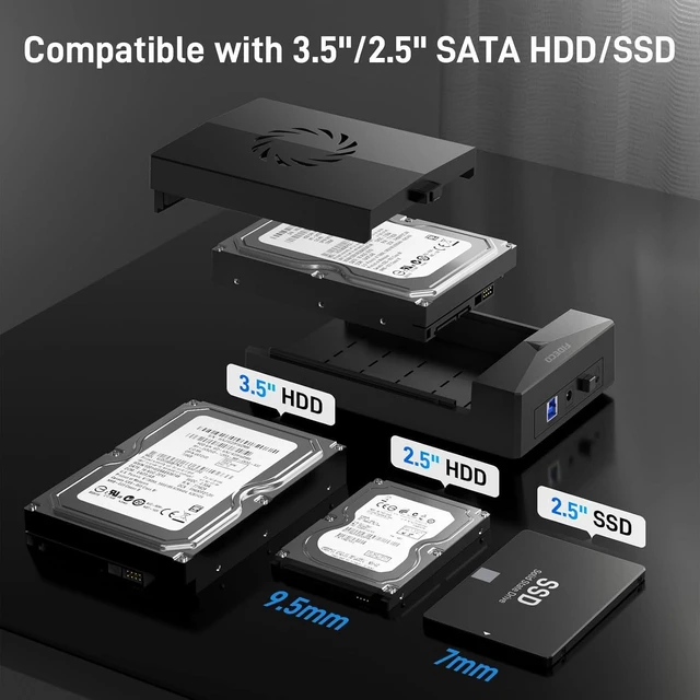 Alt view image 11 of 14 - FIDECO Hard Drive Enclosure for 3.5 or 2.5 inch SATA HDD SSD, SATA to USB Adapter with Cooling Fan, External HDD Enclosure with 12V Power Adapter, Support UASP, Tool-Free, Plug and Play