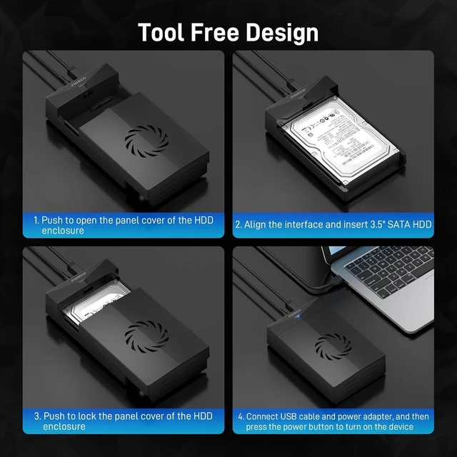 Alt view image 12 of 14 - FIDECO Hard Drive Enclosure for 3.5 or 2.5 inch SATA HDD SSD, SATA to USB Adapter with Cooling Fan, External HDD Enclosure with 12V Power Adapter, Support UASP, Tool-Free, Plug and Play