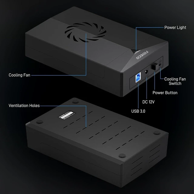 Alt view image 13 of 14 - FIDECO Hard Drive Enclosure for 3.5 or 2.5 inch SATA HDD SSD, SATA to USB Adapter with Cooling Fan, External HDD Enclosure with 12V Power Adapter, Support UASP, Tool-Free, Plug and Play