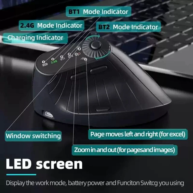 Alt view image 9 of 10 - Wireless Vertical Mouse Ergonomic Rechargeable Optical Mouse with 57° Comfort Angle, 2.4G & Bluetooth Dual-Mode, for PC, Laptop, Mac, Desktop Black/White