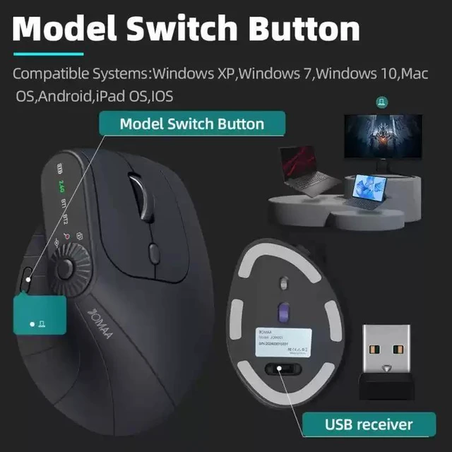 Alt view image 10 of 10 - Wireless Vertical Mouse Ergonomic Rechargeable Optical Mouse with 57° Comfort Angle, 2.4G & Bluetooth Dual-Mode, for PC, Laptop, Mac, Desktop Black/White