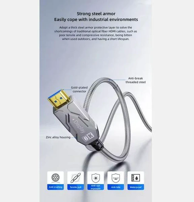 Alt view image 9 of 10 - DTECH Ultra Armor Active Optical HDMI 2.1 Cable - 8K@60Hz, 4K@120Hz, 48Gbps, Steel Armored, Fiber Optic (5M,10M, 15M, 20M, 100M Lengths Available)