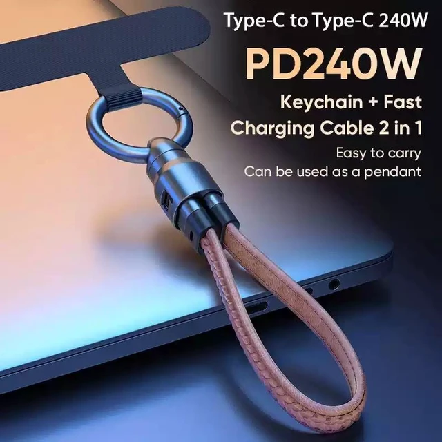 Alt view image 12 of 12 - 240W Mobile Fast Charging Cable Type-C to USB-C 2-in-1 Keychain Design, PD 240W Fast Charging, Anti-Fall Buckle, Portable Pendant for Outdoor Riding & Travel Brown No Lanyard