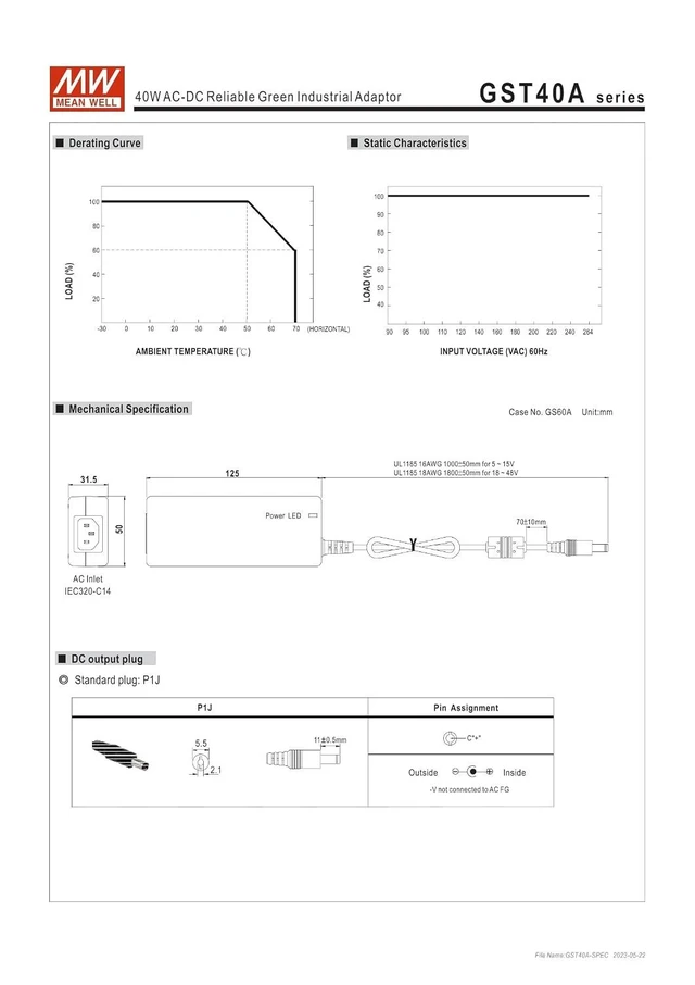 Alt view image 12 of 14 - MEAN WELL GST40A24-P1J 40W AC-DC Reliable Green Industrial Adaptor GST40A 24V 1.67A