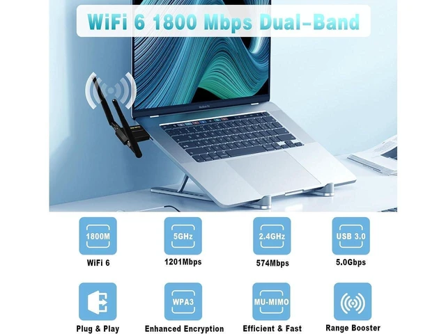Alt view image 9 of 14 - WiFi Adapter for Desktop PC - WiFi 6 1800Mbps USB 3.0 Wireless Network Adapter - 2.4G/5G Dual Band WiFi Dongle for Laptop MU-MIMO OFDMA WPA3 Dual 5dBi Antennas Plug & Play Supports Windows 11/10