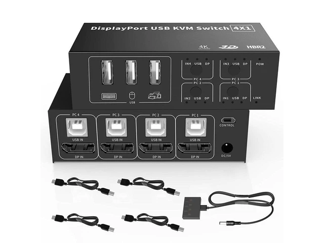 Alt view image 8 of 14 - 4 in 1 Out DisplayPort KVM Switch 4x1, 4 Port 4K @60Hz USB and DP Switch for 4 Computers Share Keyboard Mouse Printer Monitor for Laptop,PC, with 4X USB Cable,1x Switch Button Cable,1x Power Cable
