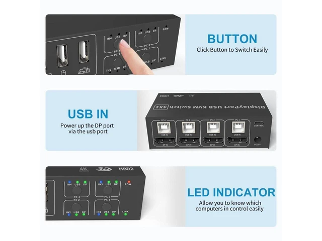 Alt view image 11 of 14 - 4 in 1 Out DisplayPort KVM Switch 4x1, 4 Port 4K @60Hz USB and DP Switch for 4 Computers Share Keyboard Mouse Printer Monitor for Laptop,PC, with 4X USB Cable,1x Switch Button Cable,1x Power Cable