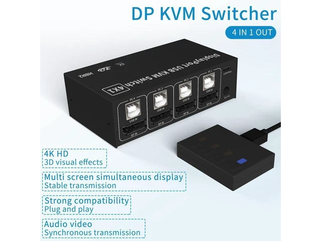 Alt view image 13 of 14 - 4 in 1 Out DisplayPort KVM Switch 4x1, 4 Port 4K @60Hz USB and DP Switch for 4 Computers Share Keyboard Mouse Printer Monitor for Laptop,PC, with 4X USB Cable,1x Switch Button Cable,1x Power Cable