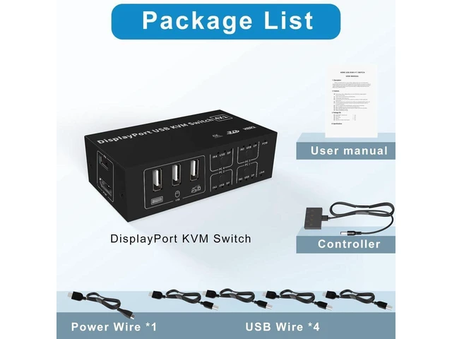 Alt view image 14 of 14 - 4 in 1 Out DisplayPort KVM Switch 4x1, 4 Port 4K @60Hz USB and DP Switch for 4 Computers Share Keyboard Mouse Printer Monitor for Laptop,PC, with 4X USB Cable,1x Switch Button Cable,1x Power Cable