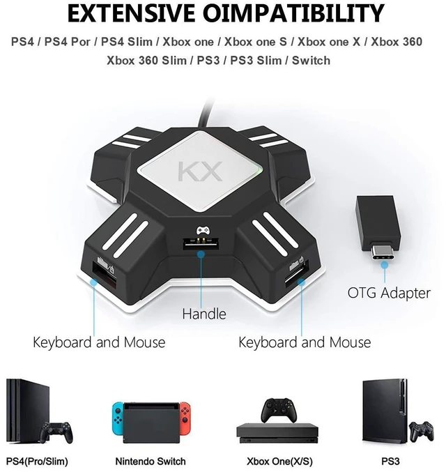Alt view image 8 of 10 - KX Keyboard & Mouse Converter Adapter for Switch/Xbox One/PS5/PS4/PS3, USB Hub, Game Controller Adapter, 90% Keyboard/Mouse Compatible