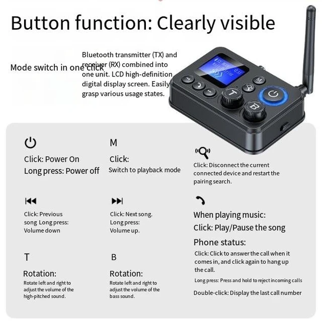 Alt view image 10 of 10 - GT87 Bluetooth 5.4 Audio Adapter, 2-in-1 Transmitter & Receiver with Digital Display TF Card & UDB Playback, Hi-Fi Bass & Treble, 20m Long Range Wireless for TV/Car/Speaker