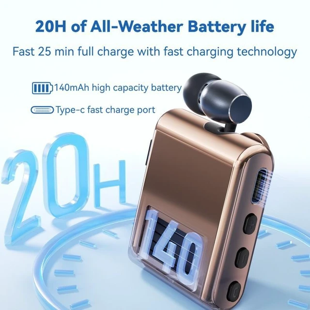 Alt view image 8 of 10 - K89 Clip-On Bluetooth Headset Smart Noise Cancelling, 20H Battery, Cycling, Delivery & Business, Type-C Fast Charging Gold
