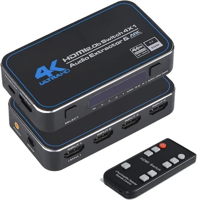Alt view image 8 of 14 - 4x1 HDMI 2.0 Switch with Audio Extractor & ARC - 4K@60Hz 4 in 1 Out Switcher, Optical/Coaxial Audio Output, Auto-Switching, MHL Support, IR Remote Included