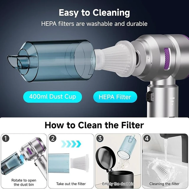 Alt view image 7 of 9 - 6659 3-in-1 Car Vacuum & Tire Inflator, 16000Pa Brushless Motor Blow, Suction, Inflate 80000 RPM, 100W, 8A, Type-C Fast Charging 0.2L Dust Cup, 2000mAh x 3 Battery
