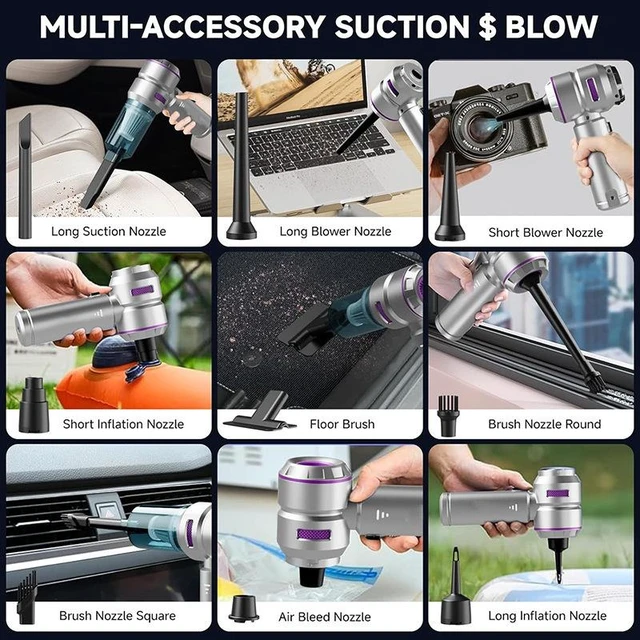 Alt view image 9 of 9 - 6659 3-in-1 Car Vacuum & Tire Inflator, 16000Pa Brushless Motor Blow, Suction, Inflate 80000 RPM, 100W, 8A, Type-C Fast Charging 0.2L Dust Cup, 2000mAh x 3 Battery