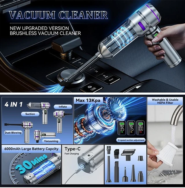 Alt view image 10 of 10 - 6704B Cordless Car Vacuum Cleaner & Air Inflator 2-in-1, 17000Pa Brushless Motor with Digital Display & LED Light 100W 80000RPM, 3 Speed Modes, USB-C Fast Charging for Car, Home, Office