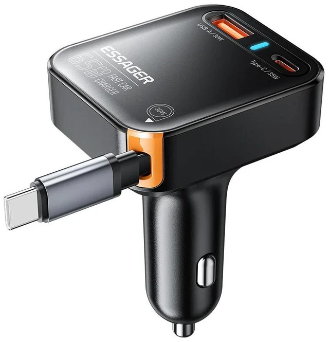 Alt view image 8 of 14 - Essager Yttrium 65W Car Charger with Retractable Type-C Cable, USB-C + USB-A 3-Port Fast Charging Adapter, PD Power Delivery for Car & Truck
