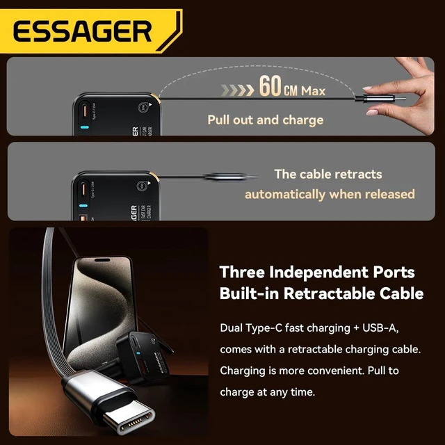 Alt view image 9 of 14 - Essager Yttrium 65W Car Charger with Retractable Type-C Cable, USB-C + USB-A 3-Port Fast Charging Adapter, PD Power Delivery for Car & Truck