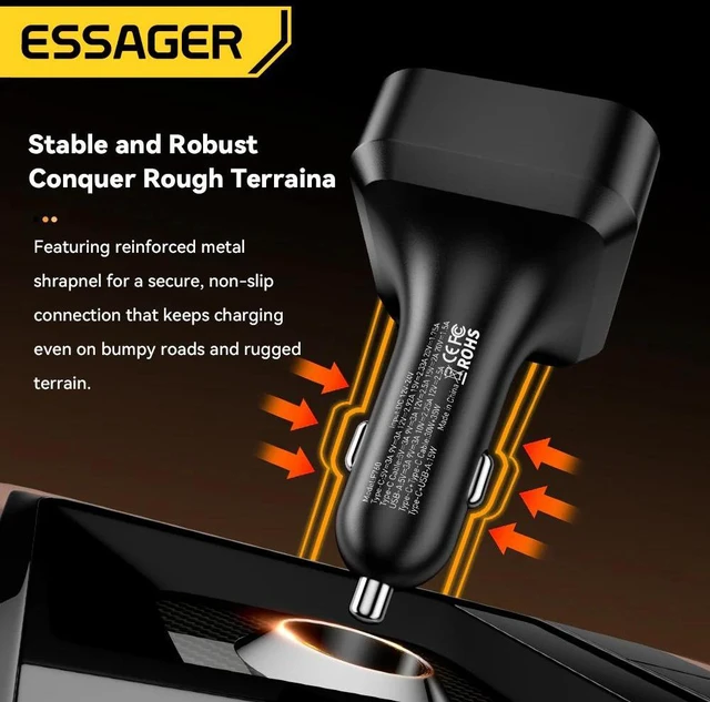 Alt view image 10 of 14 - Essager Yttrium 65W Car Charger with Retractable Type-C Cable, USB-C + USB-A 3-Port Fast Charging Adapter, PD Power Delivery for Car & Truck