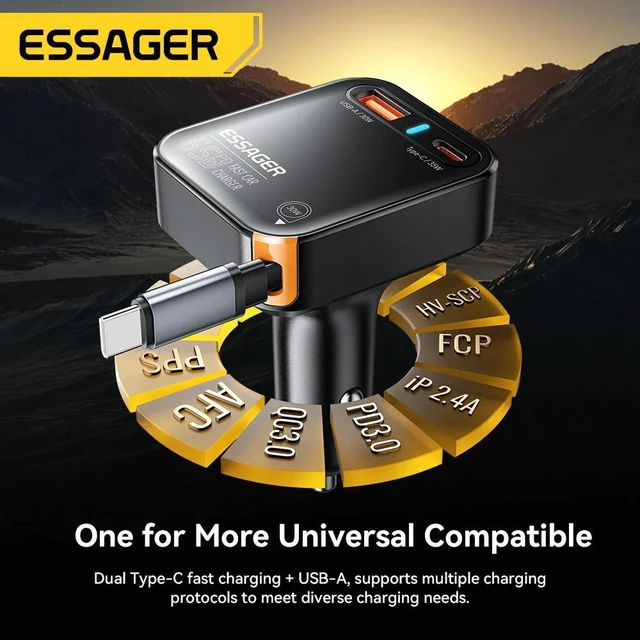 Alt view image 11 of 14 - Essager Yttrium 65W Car Charger with Retractable Type-C Cable, USB-C + USB-A 3-Port Fast Charging Adapter, PD Power Delivery for Car & Truck