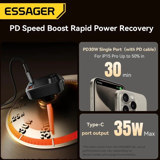 Alt view image 13 of 14 - Essager Yttrium 65W Car Charger with Retractable Type-C Cable, USB-C + USB-A 3-Port Fast Charging Adapter, PD Power Delivery for Car & Truck