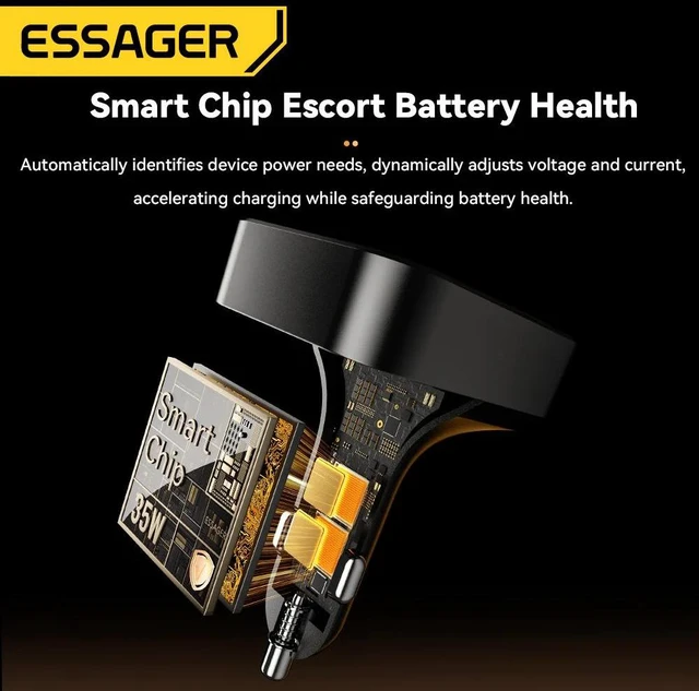Alt view image 12 of 14 - Essager Yttrium 65W Car Charger with Retractable Type-C Cable, USB-C + USB-A 3-Port Fast Charging Adapter, PD Power Delivery for Car & Truck
