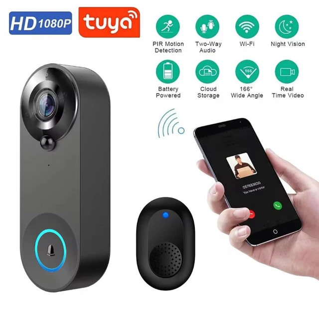 Alt view image 10 of 10 - Smart WiFi Video Doorbell Tuya, Wireless, 166° Wide Angle, Two-Way Audio, PIR Detection, Night Vision, Battery Powered